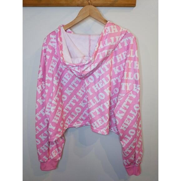HELLO KITTY Pink Cropped Hoodie Oversized M/L Kawaii Y2K Teddy Bear Logo - Picture 2 of 7